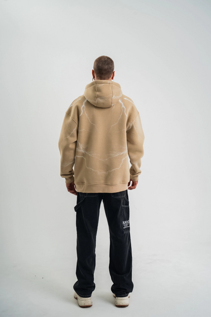 Erkek Baskılı Kapüşonlu Oversize 3 İplik Pamuklu SweatShirt Hoodie - Bej
