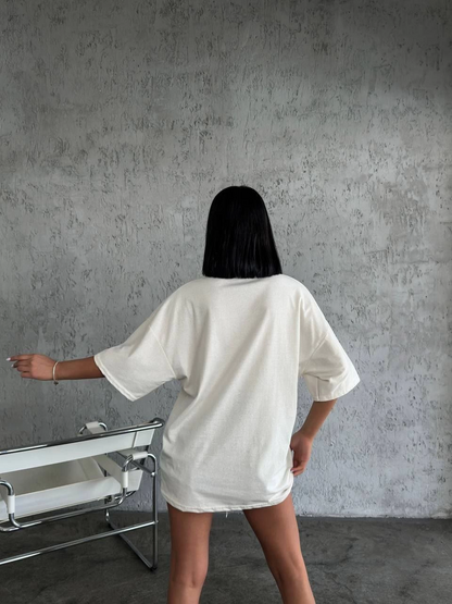 Düz Biskilet Yaka Oversize T-shirt - Beyaz -