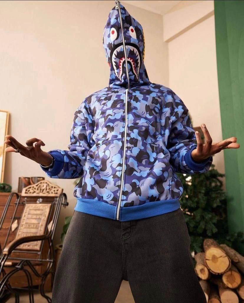 2 İplik Bape Kapüşonu Fermuarlı Hırka - Mavi
