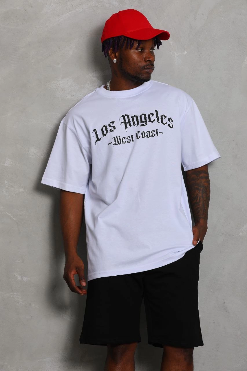 Oversize Baskılı Bisiklet Yaka T-Shirt - Beyaz -