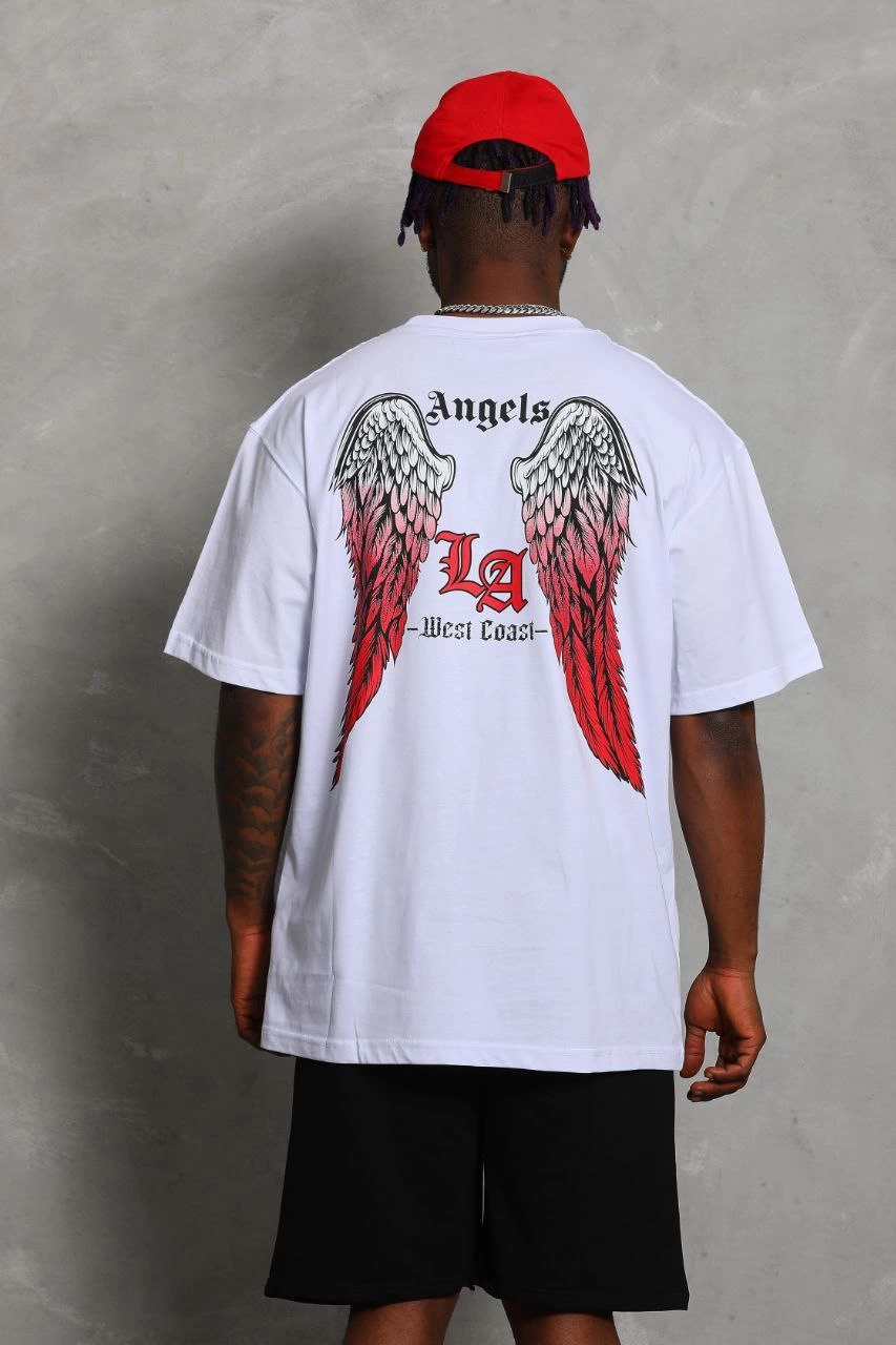 Oversize Baskılı Bisiklet Yaka T-Shirt - Beyaz -