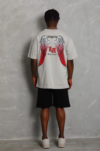 Oversize Baskılı Bisiklet Yaka T-Shirt - Gri -