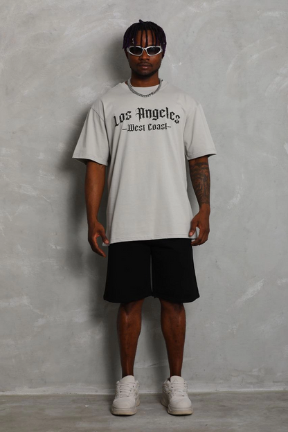 Oversize Baskılı Bisiklet Yaka T-Shirt - Gri -