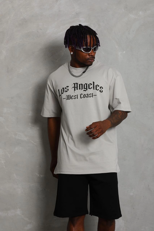 Oversize Baskılı Bisiklet Yaka T-Shirt - Gri -