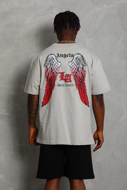 Oversize Baskılı Bisiklet Yaka T-Shirt - Gri -