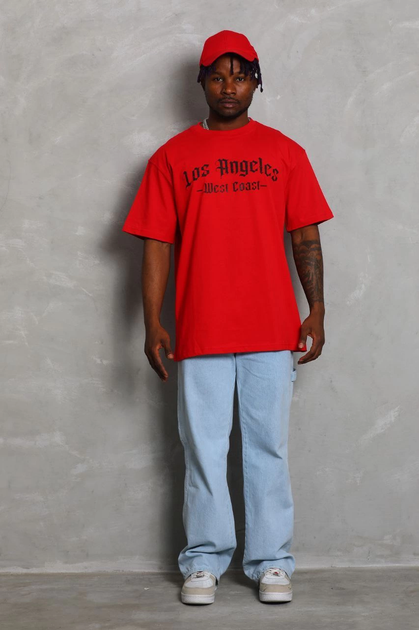 Oversize Baskılı Bisiklet Yaka T-Shirt - Kırmızı -