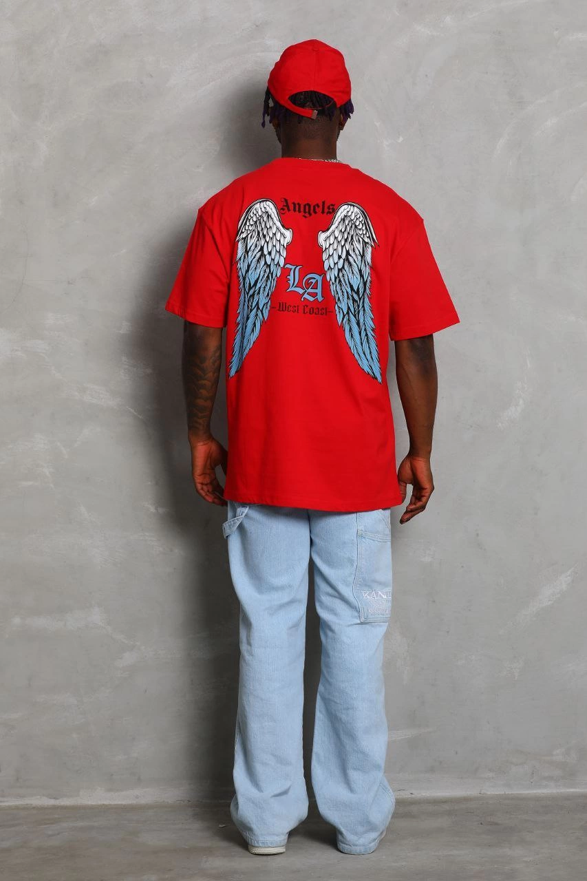 Oversize Baskılı Bisiklet Yaka T-Shirt - Kırmızı -