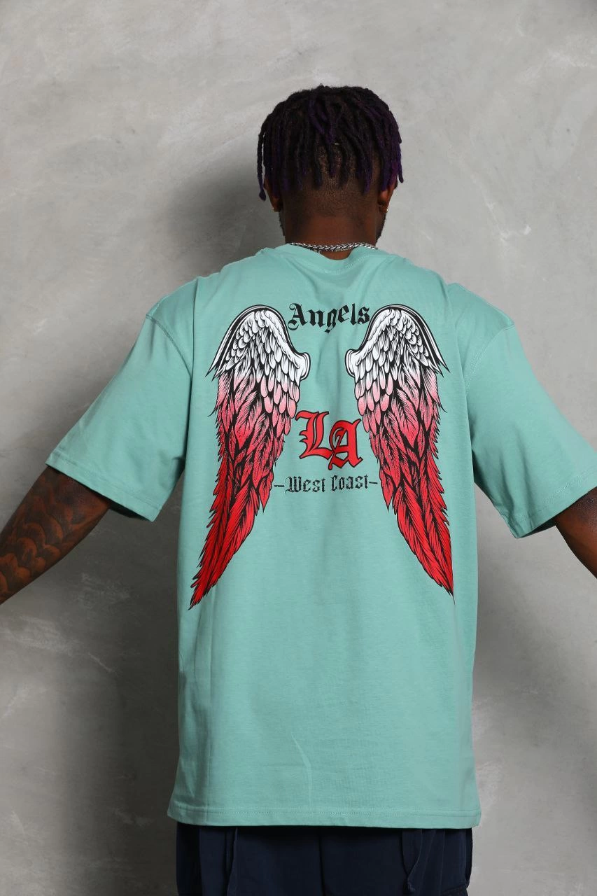 Oversize Baskılı Bisiklet Yaka T-Shirt - Mint Yeşili