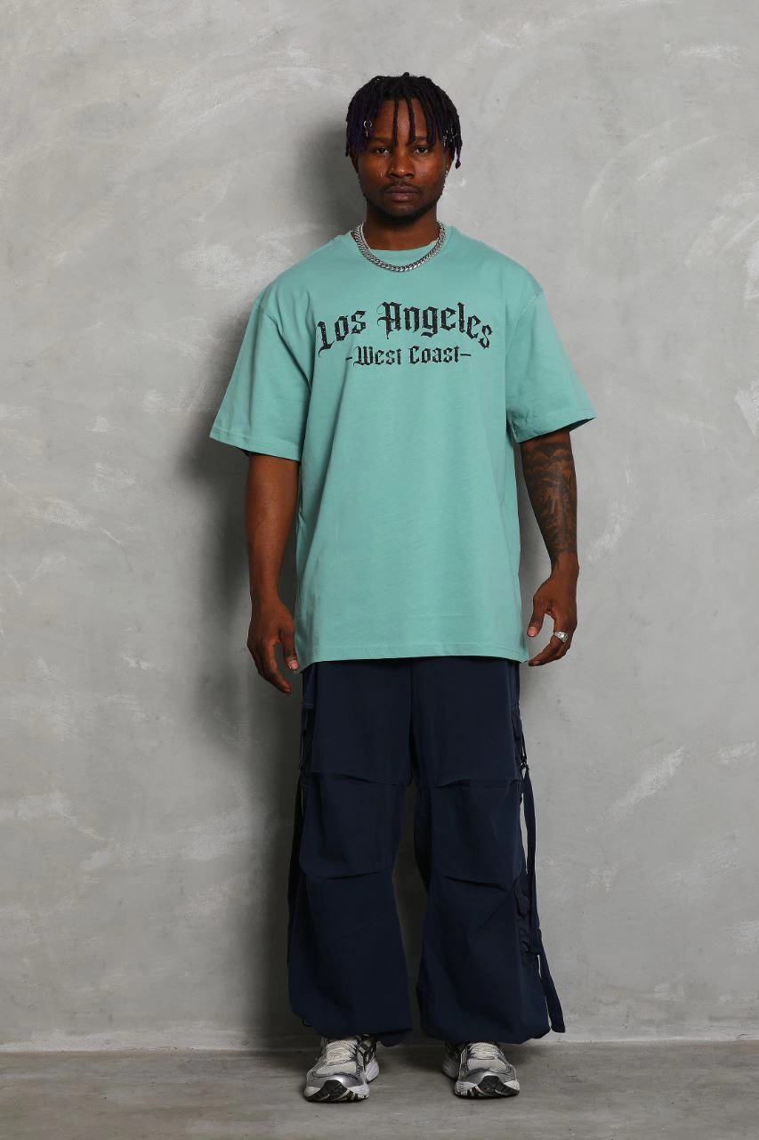 Oversize Baskılı Bisiklet Yaka T-Shirt - Mint Yeşili