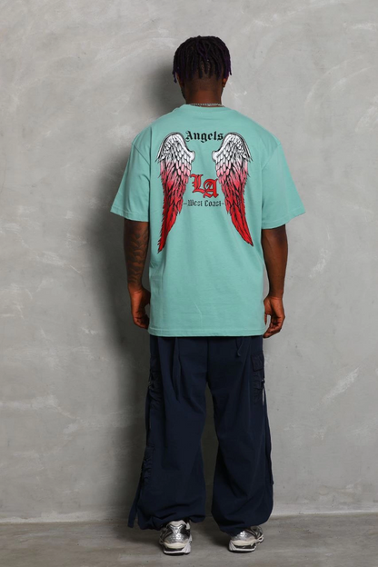 Oversize Baskılı Bisiklet Yaka T-Shirt - Mint Yeşili