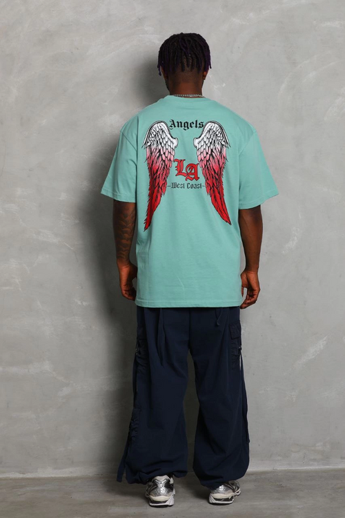 Oversize Baskılı Bisiklet Yaka T-Shirt - Mint Yeşili