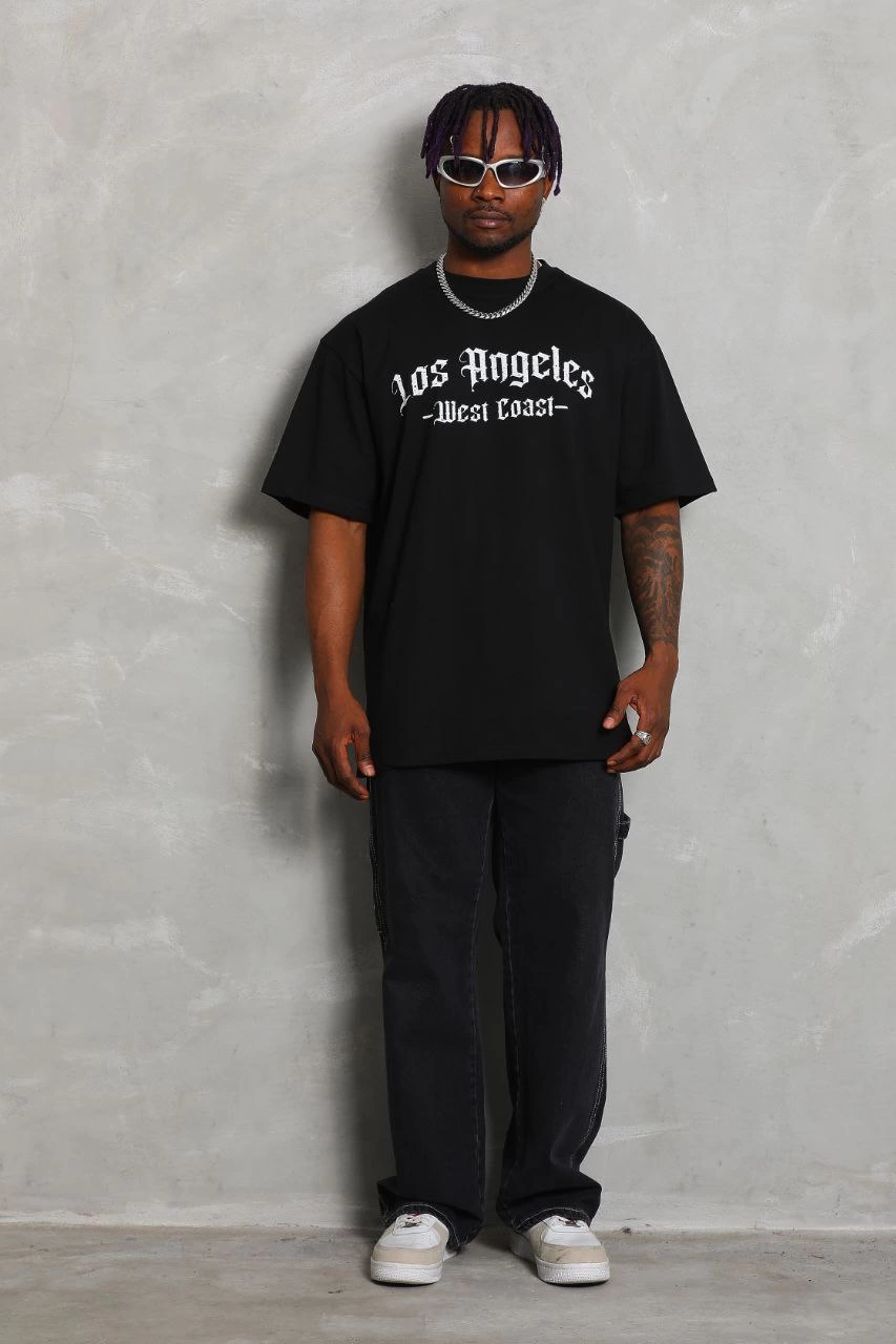 Oversize Baskılı Bisiklet Yaka T-Shirt - Siyah -