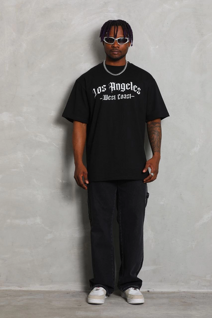 Oversize Baskılı Bisiklet Yaka T-Shirt - Siyah -