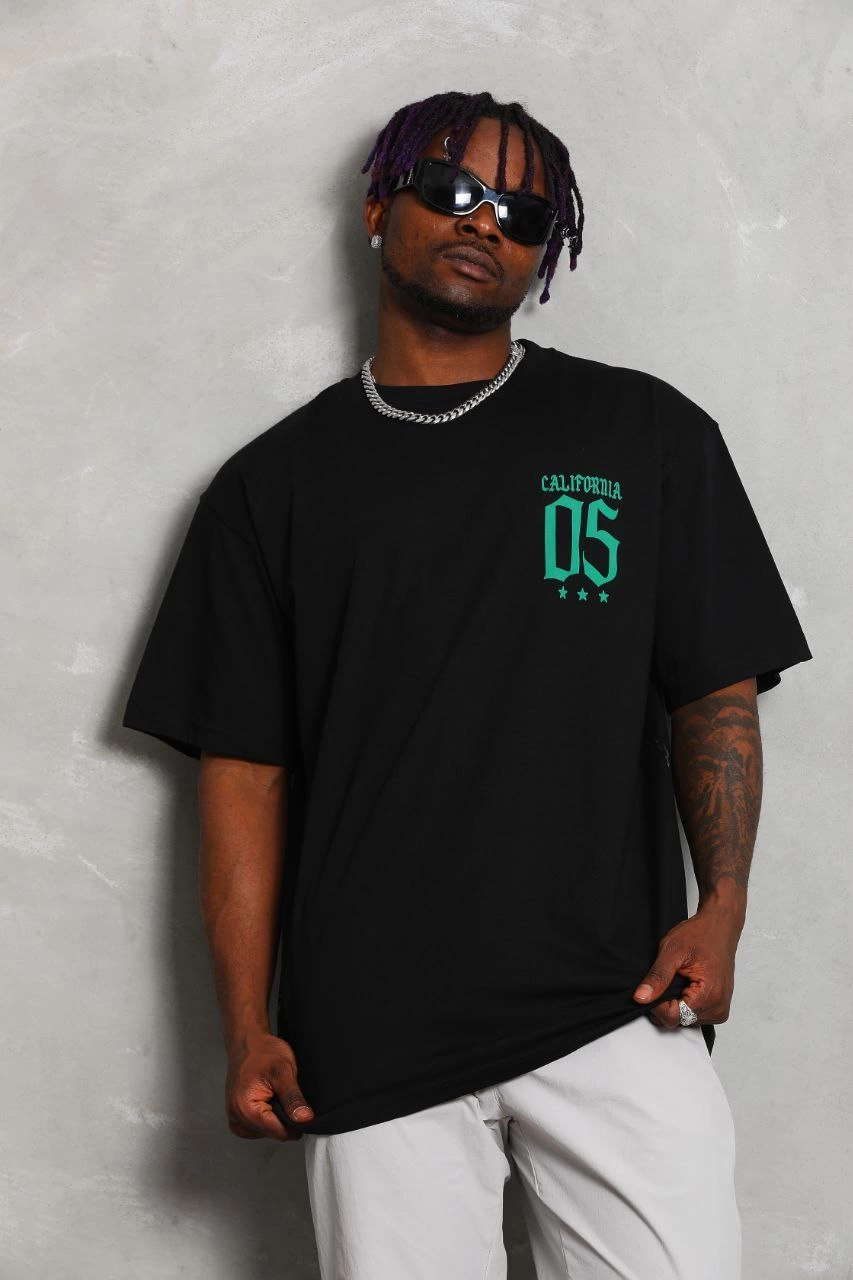 Oversize Baskılı Bisiklet Yaka T-Shirt - Siyah -