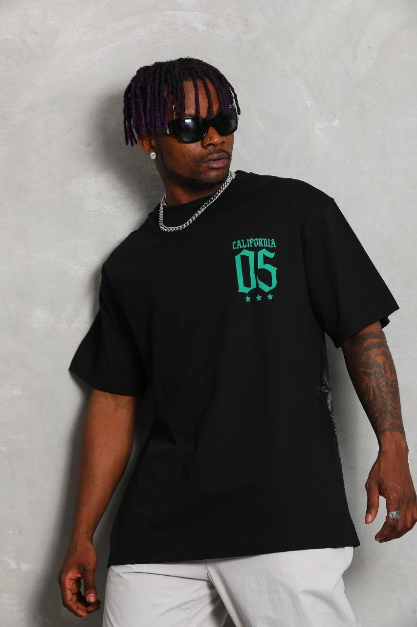 Oversize Baskılı Bisiklet Yaka T-Shirt - Siyah -