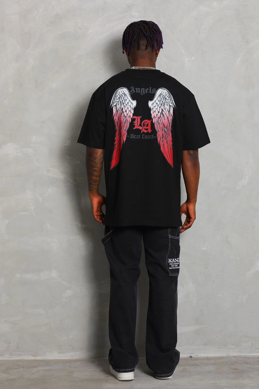 Oversize Baskılı Bisiklet Yaka T-Shirt - Siyah -