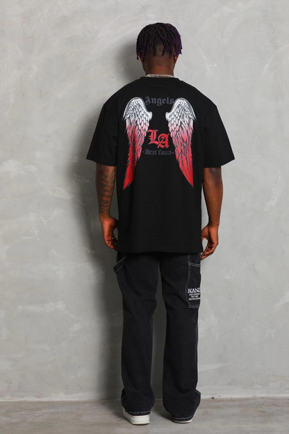Oversize Baskılı Bisiklet Yaka T-Shirt - Siyah -
