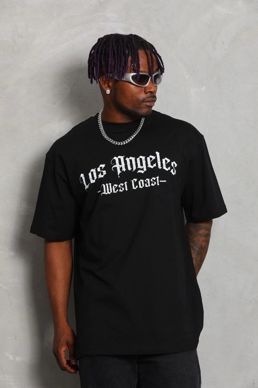 Oversize Baskılı Bisiklet Yaka T-Shirt - Siyah -