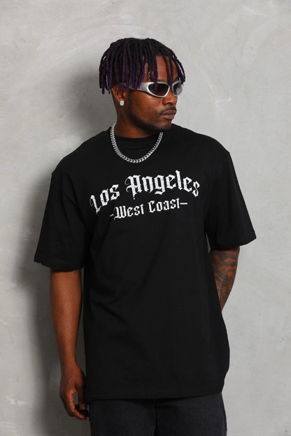 Oversize Baskılı Bisiklet Yaka T-Shirt - Siyah -
