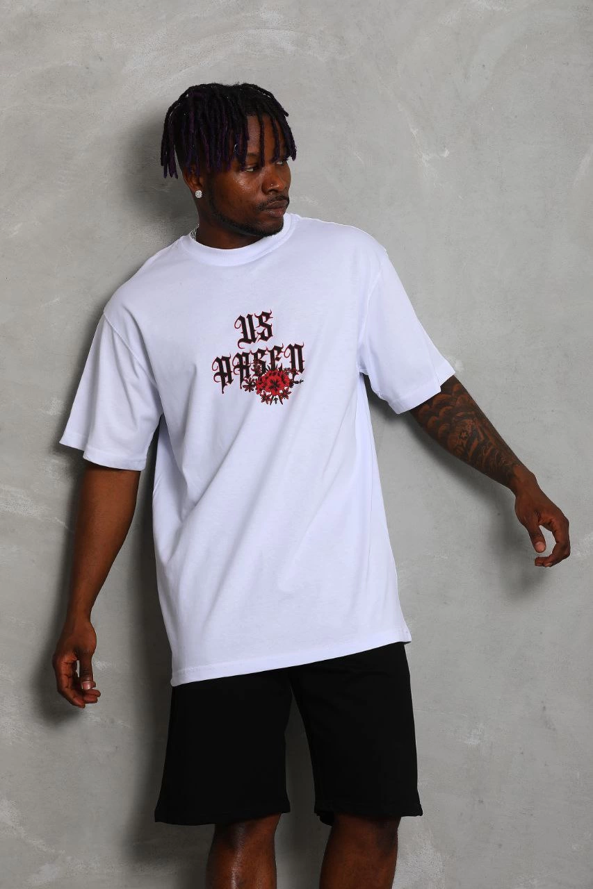 Oversize Baskılı Bisiklet Yaka T-Shirt - Beyaz -