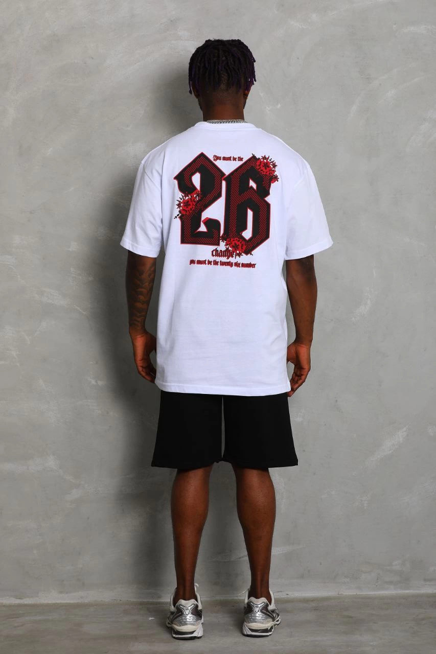 Oversize Baskılı Bisiklet Yaka T-Shirt - Beyaz -