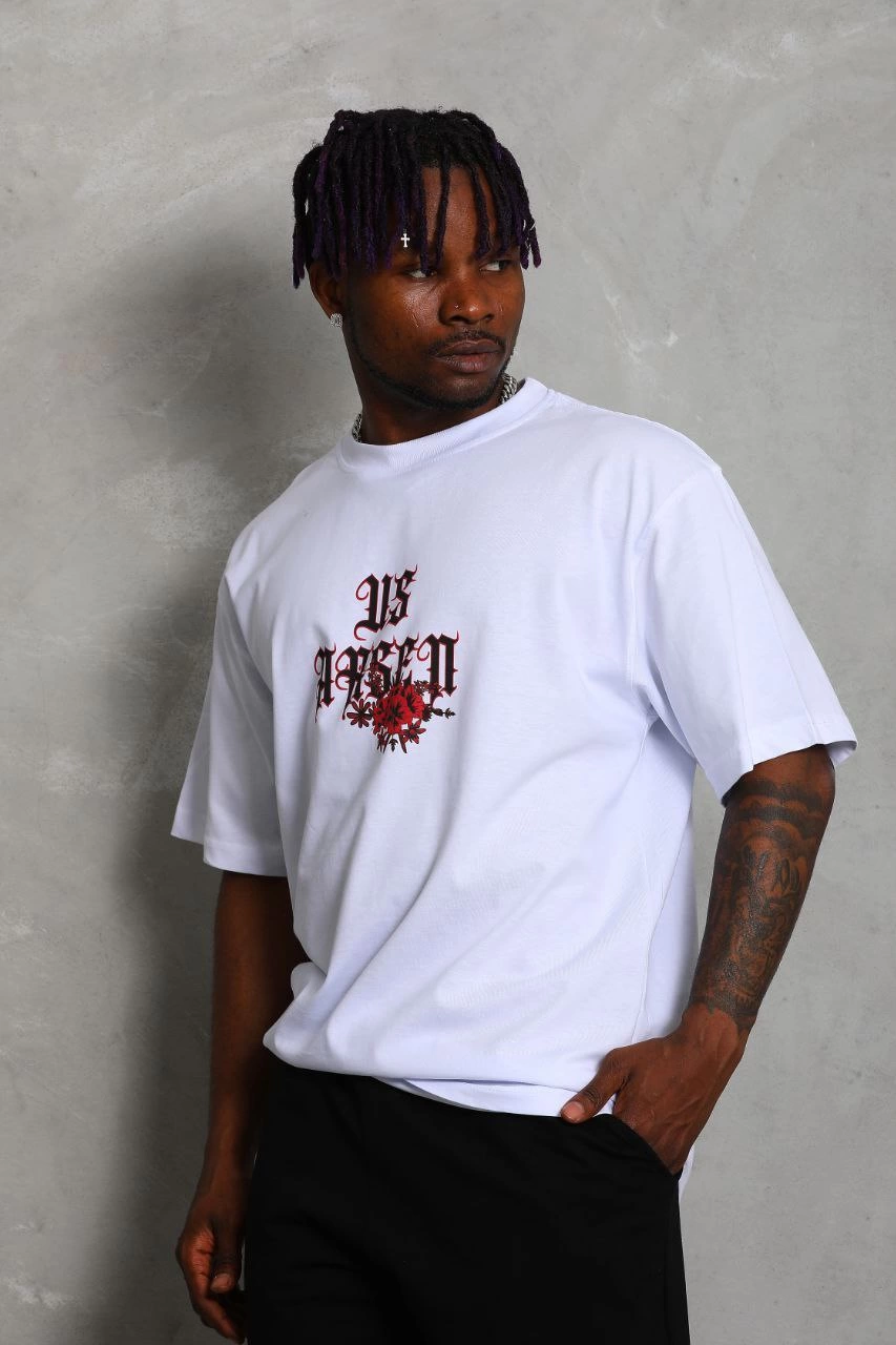 Oversize Baskılı Bisiklet Yaka T-Shirt - Beyaz -