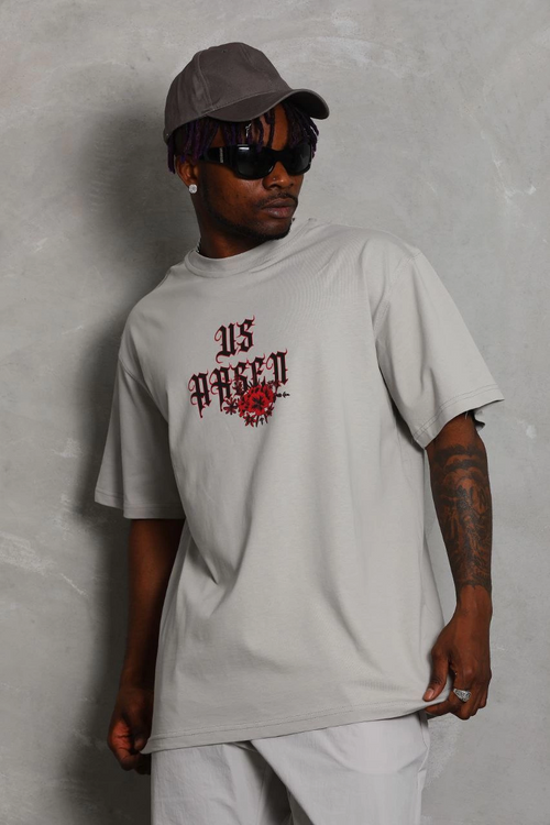 Oversize Baskılı Bisiklet Yaka T-Shirt - Gri -