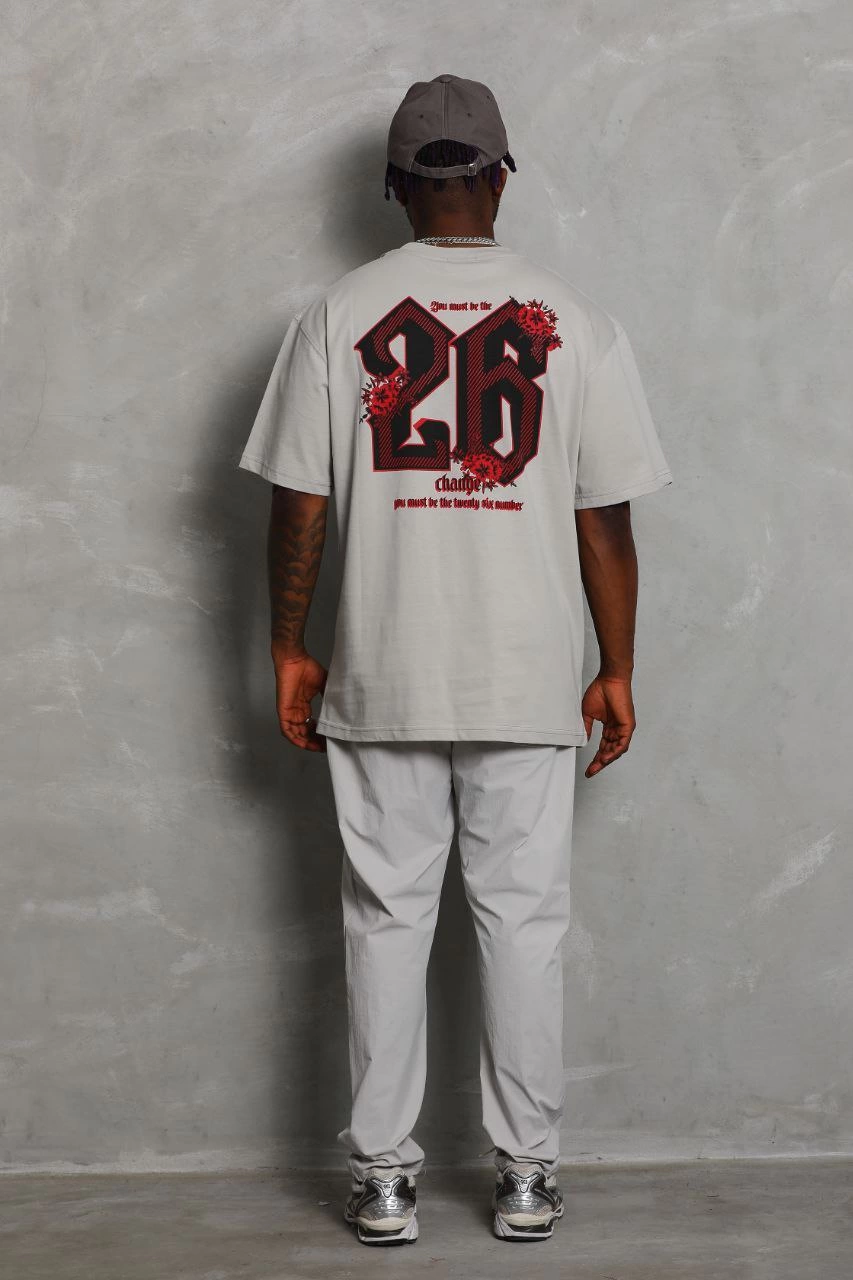 Oversize Baskılı Bisiklet Yaka T-Shirt - Gri -