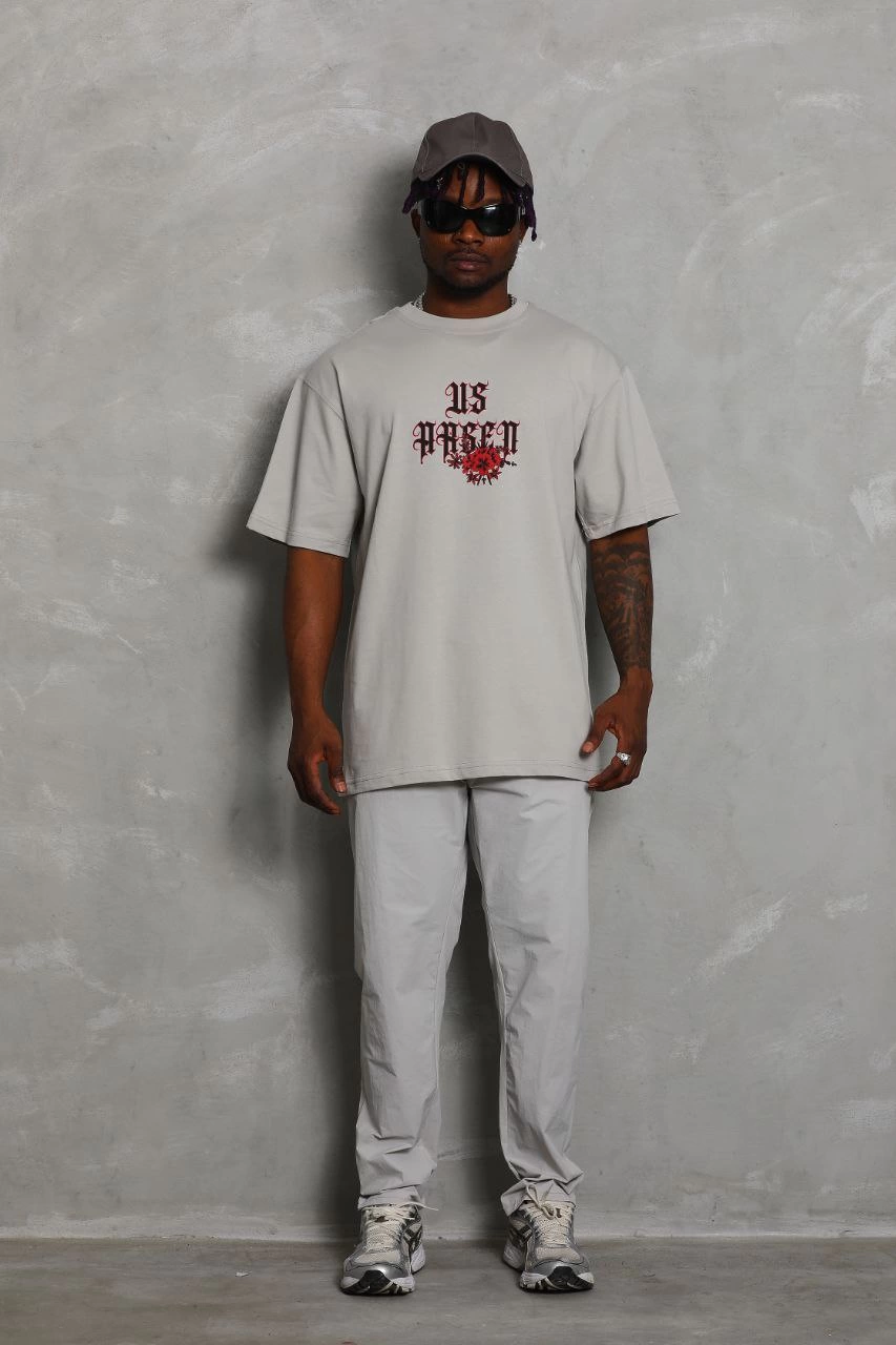 Oversize Baskılı Bisiklet Yaka T-Shirt - Gri -