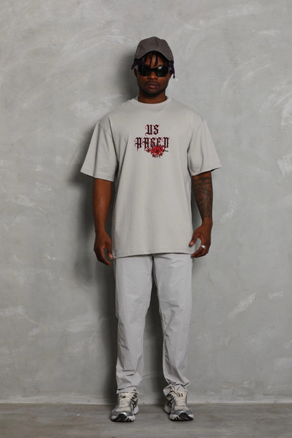 Oversize Baskılı Bisiklet Yaka T-Shirt - Gri -