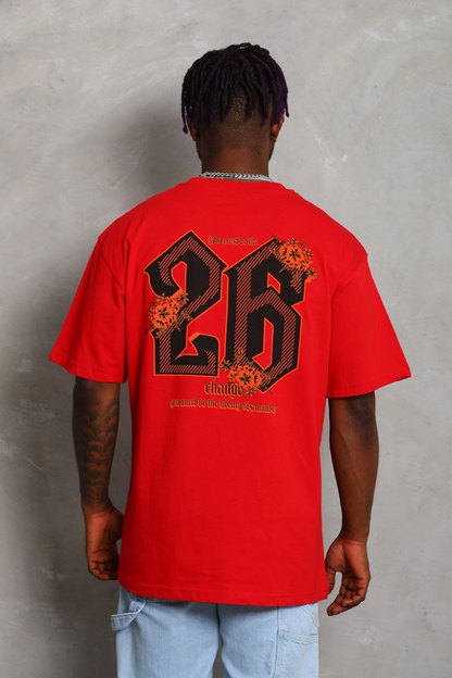 Oversize Baskılı Bisiklet Yaka T-Shirt - Kırmızı -