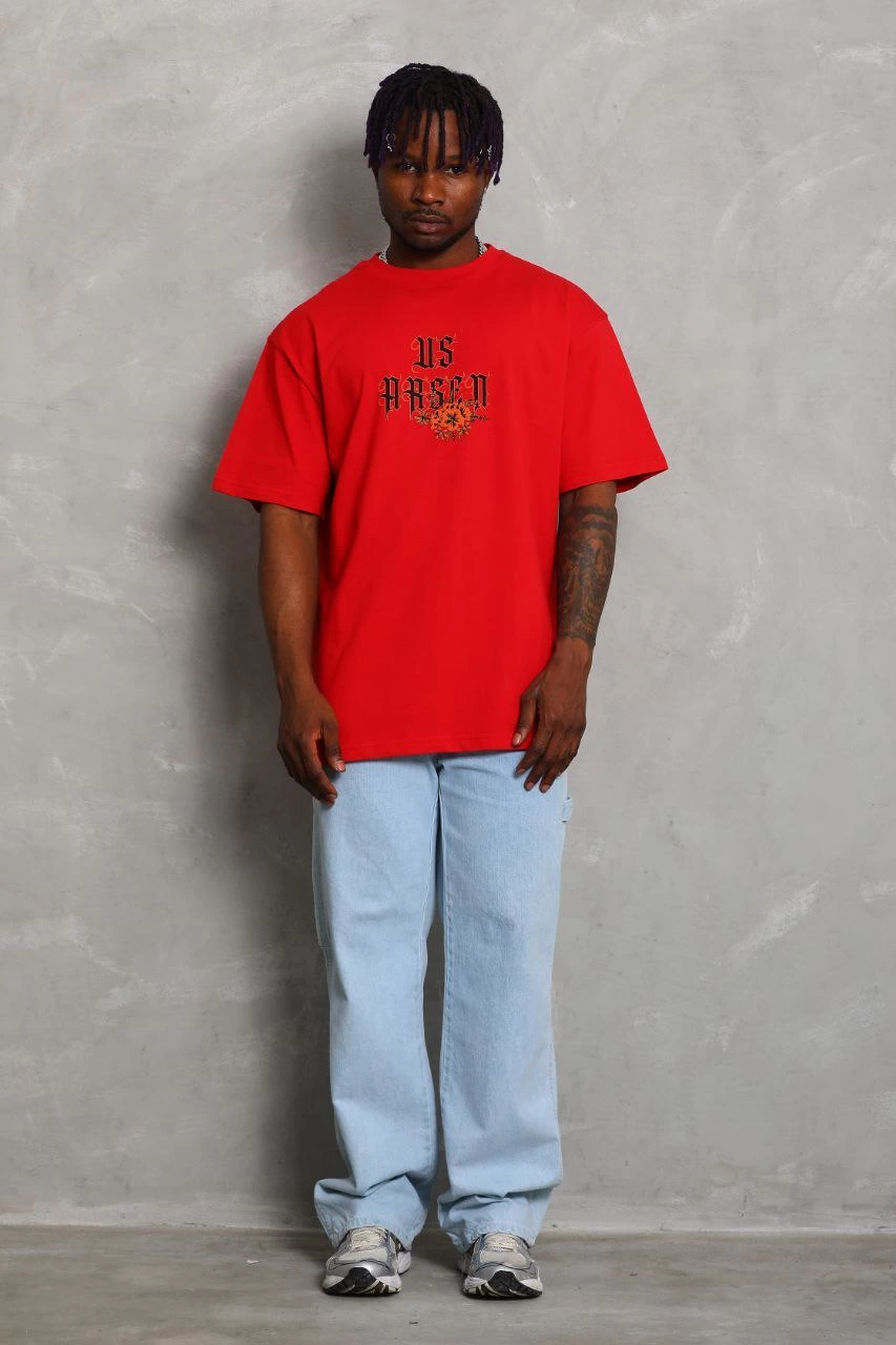 Oversize Baskılı Bisiklet Yaka T-Shirt - Kırmızı -