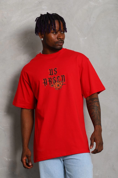 Oversize Baskılı Bisiklet Yaka T-Shirt - Kırmızı -