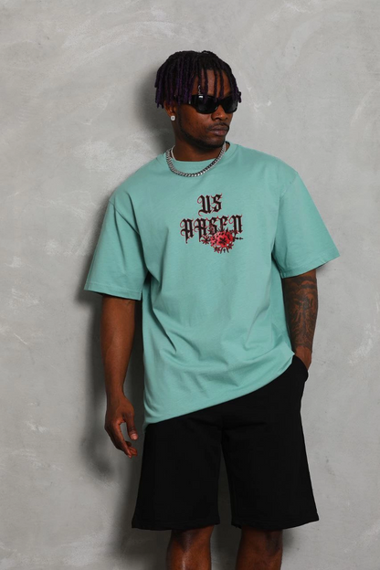 Oversize Baskılı Bisiklet Yaka T-Shirt - Mint Yeşili