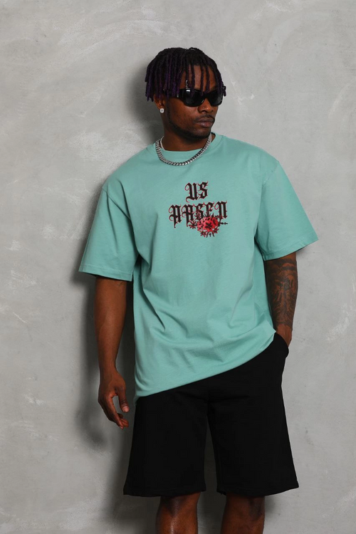 Oversize Baskılı Bisiklet Yaka T-Shirt - Mint Yeşili