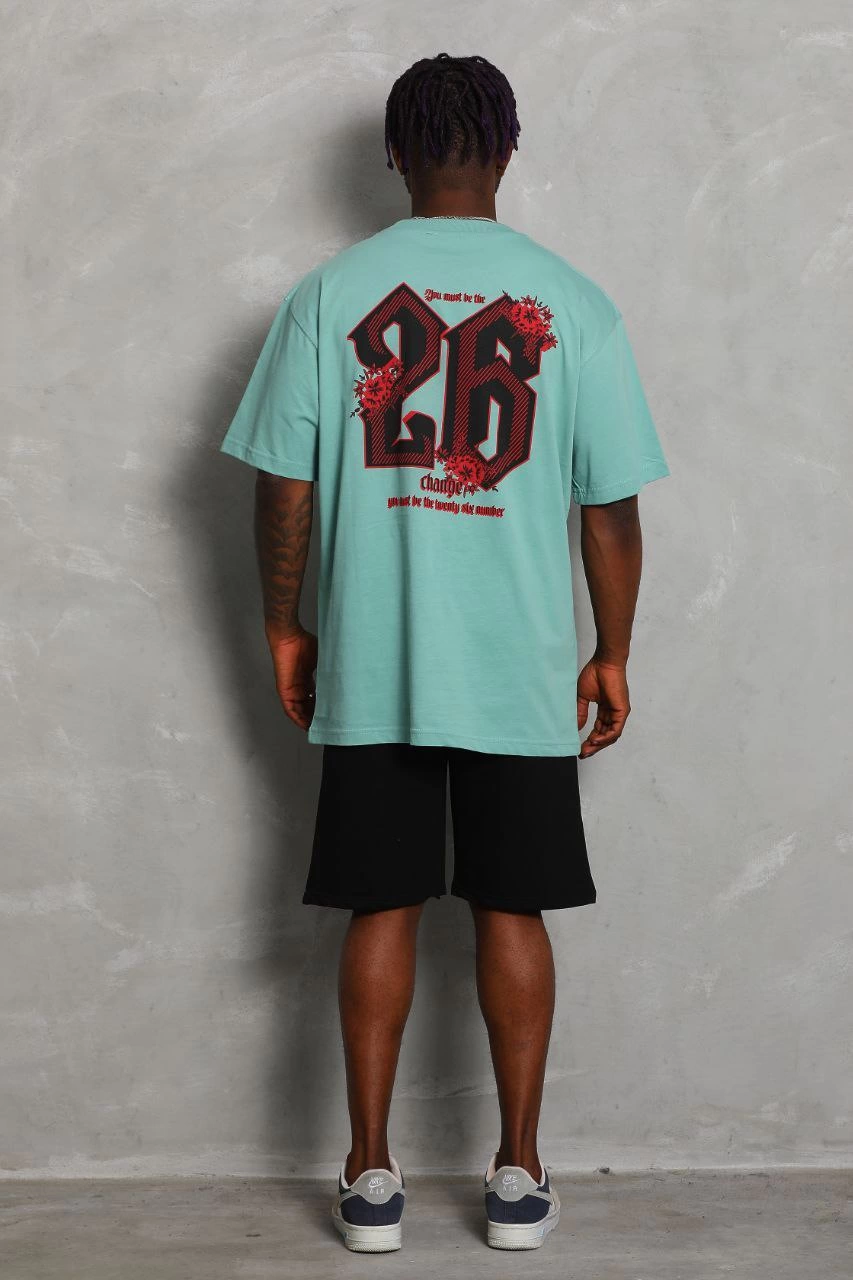 Oversize Baskılı Bisiklet Yaka T-Shirt - Mint Yeşili