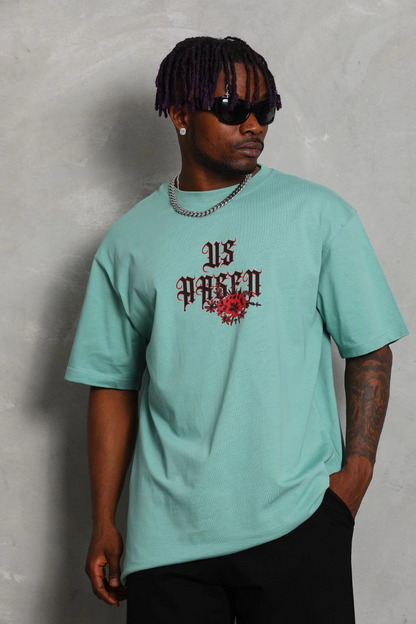 Oversize Baskılı Bisiklet Yaka T-Shirt - Mint Yeşili