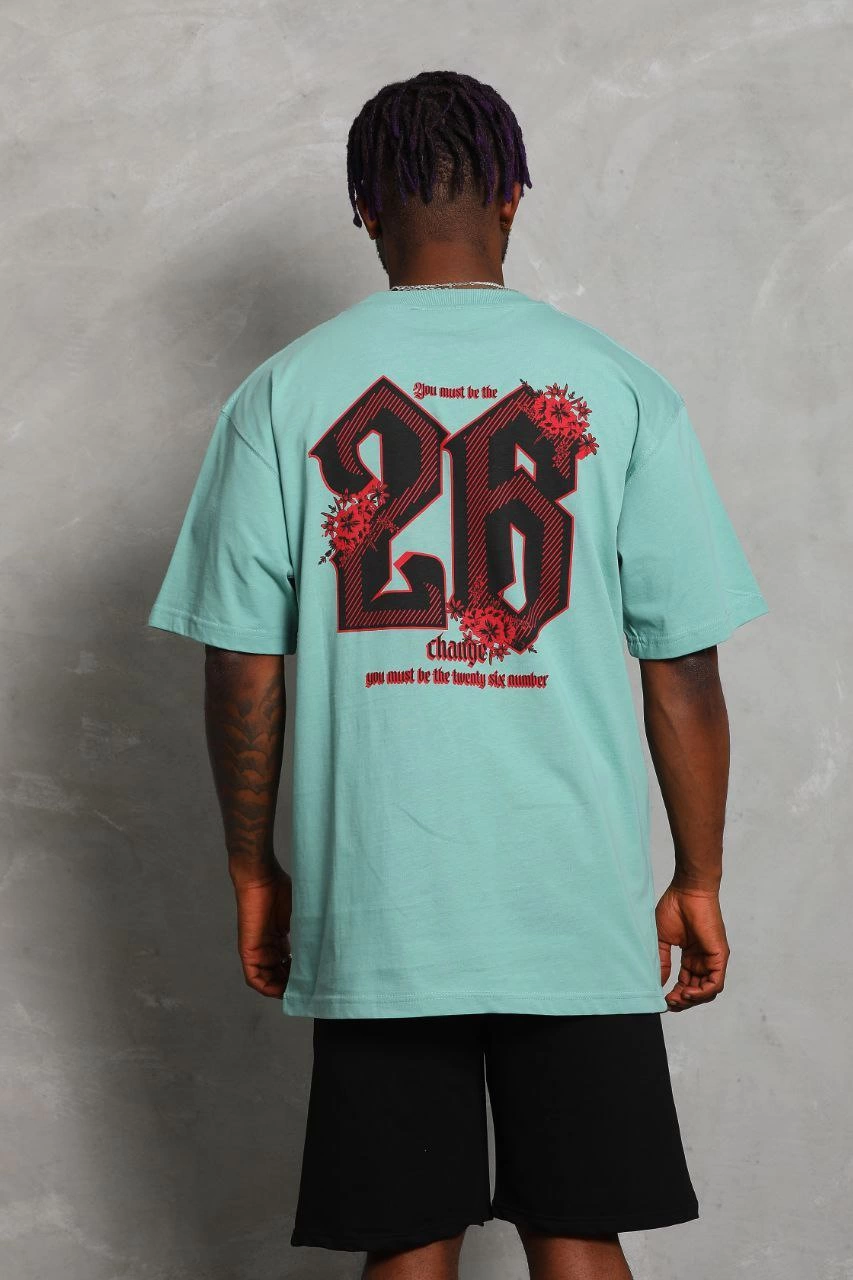 Oversize Baskılı Bisiklet Yaka T-Shirt - Mint Yeşili