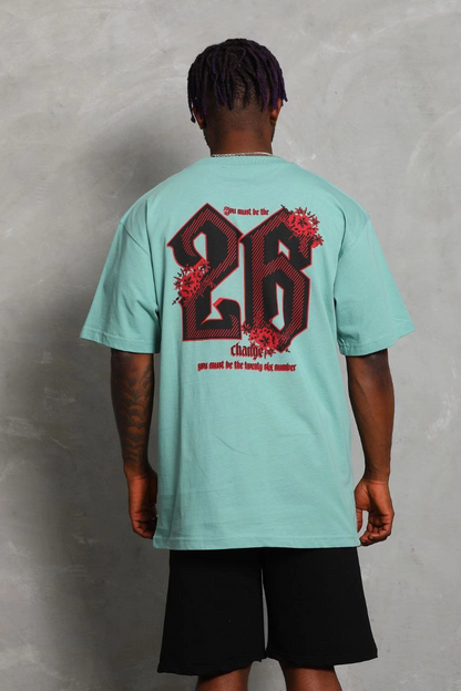 Oversize Baskılı Bisiklet Yaka T-Shirt - Mint Yeşili