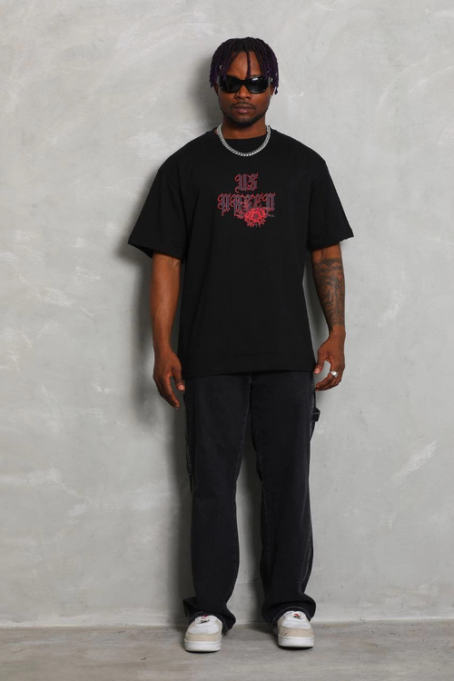 Oversize Baskılı Bisiklet Yaka T-Shirt - Siyah -