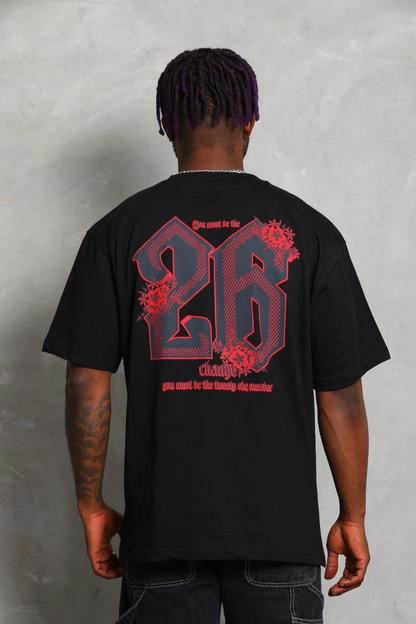 Oversize Baskılı Bisiklet Yaka T-Shirt - Siyah -