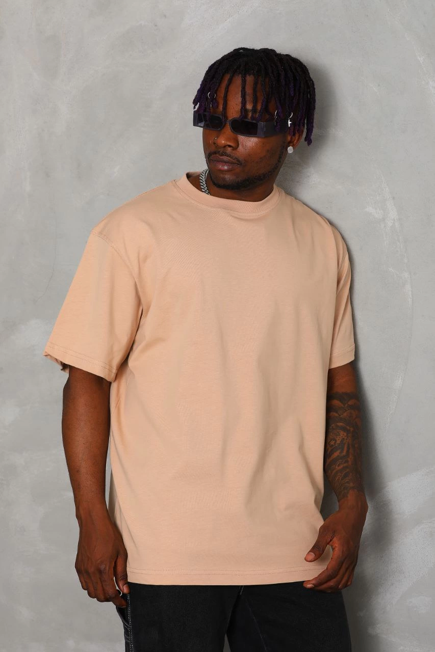 Oversize Düz Bisiklet Yaka T-Shirt - Bej -