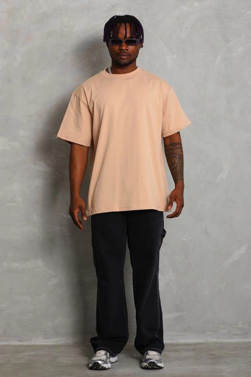 Oversize Düz Bisiklet Yaka T-Shirt - Bej -