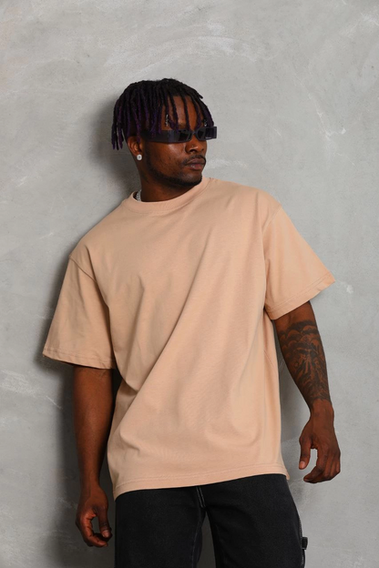 Oversize Düz Bisiklet Yaka T-Shirt - Bej -