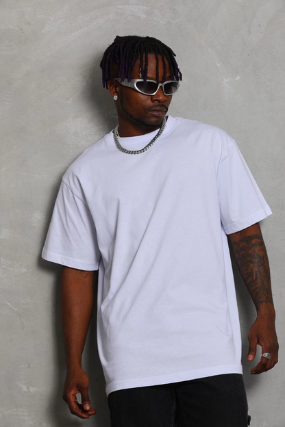 Oversize Düz Bisiklet Yaka T-Shirt - Beyaz -