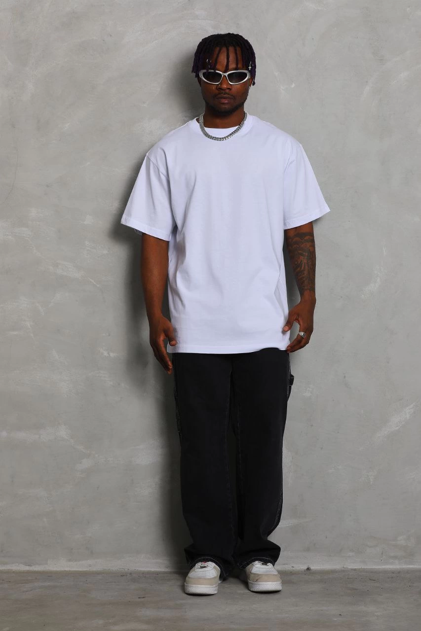 Oversize Düz Bisiklet Yaka T-Shirt - Beyaz -
