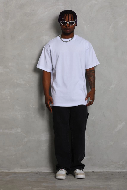 Oversize Düz Bisiklet Yaka T-Shirt - Beyaz -