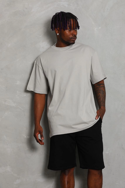 Oversize Düz Bisiklet Yaka T-Shirt - Gri -