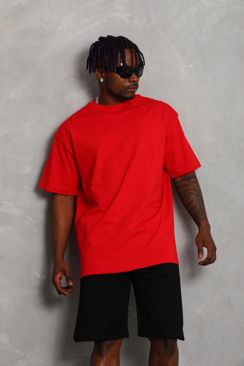 Oversize Düz Bisiklet Yaka T-Shirt - Kırmızı -