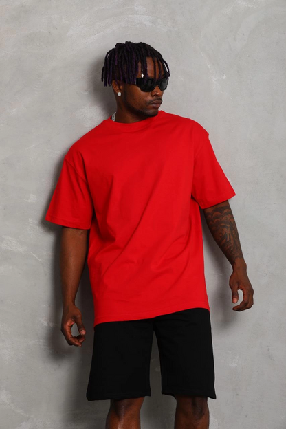 Oversize Düz Bisiklet Yaka T-Shirt - Kırmızı -